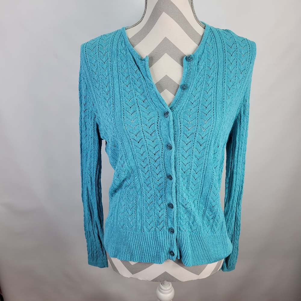 Tehama by Nancy Haley Tourquoise Cardigan Silk Blend Open Weave Size Large